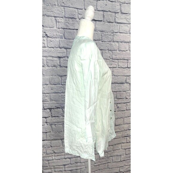 Eileen Fisher Petite Turquoise PM Linen Gauze Pintuck Button Front Long Sleeve - Picture 6 of 12